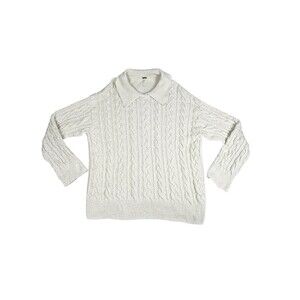 Free People Cable Knit Sweater Ivory Collared Pullover Chunky Knit XL